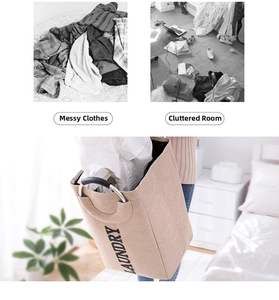 Canvas laundry basket with aluminum ring handle showing organized home storage solution