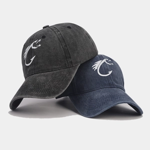 Distressed washed cotton baseball caps with fish hook C logo in charcoal and navy blue