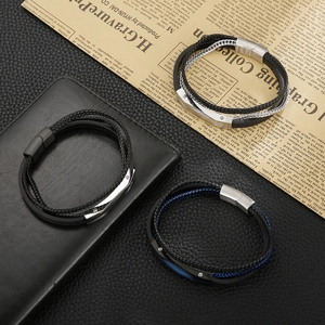 Three multi-layer leather bracelets with stainless steel magnetic clasps for men