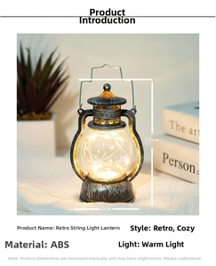 Macro detail of a 12cm vintage LED lantern with warm lights and antique black finish