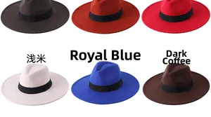 Collage of wide brim wool fedora hats in light beige, royal blue and deep coffee colors