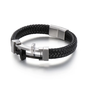 Braided black leather men's cross bracelet with stainless steel dual-tone buckle