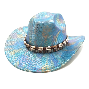Iridescent snakeskin western cowboy hat with seashell band and blue-purple finish