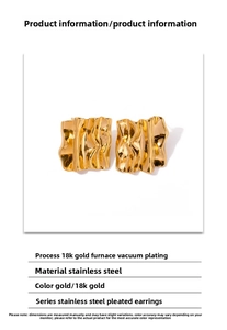 Detailed view of 18K gold plated stainless steel square earrings with ripple texture