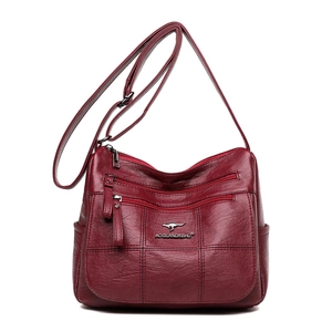 Classic burgundy faux leather crossbody bag for women with multi-layer zipper pockets