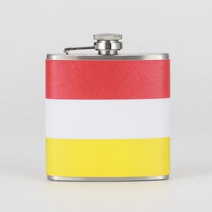 6oz portable stainless steel hip flask with colorful red, white, and yellow stripe wrap