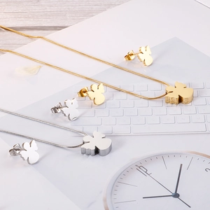 Minimalist Stainless Steel Angel Pendant Necklace And Stud Earrings Set For Women Fashion Wings Jewelry Angelic Accessory