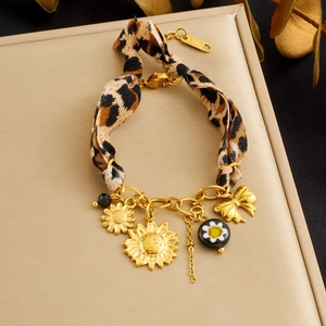 Stainless Steel Bracelet With Leopard Print Ribbon And Gold Plated Sunflower Bow Pendant Retro Fashion For Women