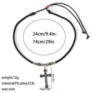 Detailed view of adjustable black wax rope necklace with silver alloy cross pendant size