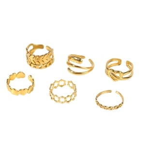 Retro 18k gold plated stainless steel ring set with heart and leaf adjustable bands