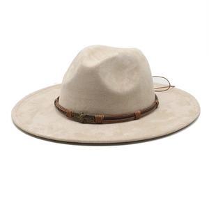 Beige faux suede western cowboy hat with wide brim and vintage bronze skull ornament