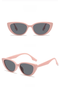 Pink cat eye sunglasses with gray lenses shown in front and side perspective views