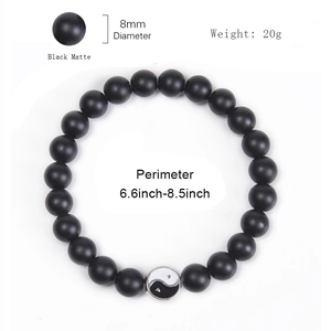 8mm Yin Yang beaded bracelet with matte black stones and white turquoise on white background