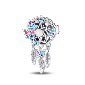 Silver dreamcatcher charm with butterfly moon and opal beads for DIY bracelet