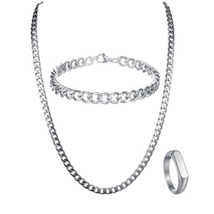 3-piece hip hop jewelry set with silver Cuban link necklace, bracelet and ring