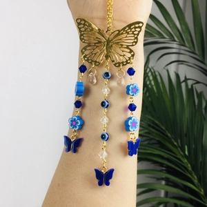 Golden butterfly and blue evil eye bead hanging car ornament decoration for rearview mirror
