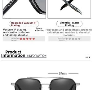 Detail of vacuum IP plated metal frame sunglasses showing 57mm lens width measurements