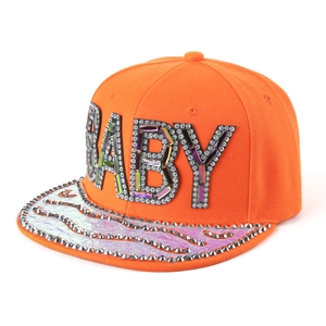 Casquette de baseball orange style hip hop avec lettres BABY en strass et visière holographique