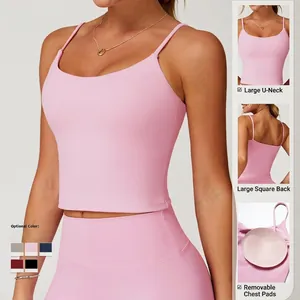 Pink brushed yoga vest with thin straps and removable pads for women fitness