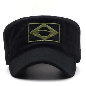 Close-up of black cotton patrol cap featuring an olive green embroidered Brazil flag patch
