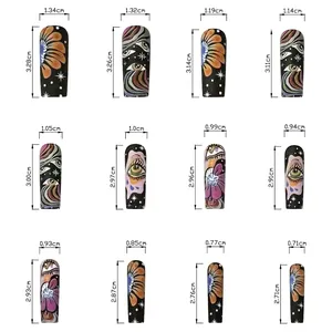 Size chart showing width and length dimensions for long black eye design press-on nails