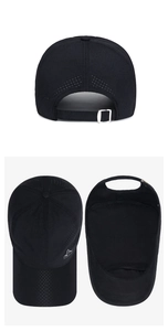 Detail of black breathable mesh baseball cap with mountain logo and metal buckle strap