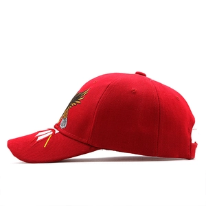 Detail of red cotton baseball cap featuring intricate eagle embroidery on the side panel