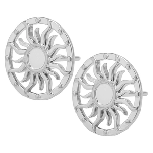Detailed view of silver sun-shaped stainless steel stud earrings with hollow design