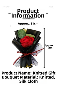 Detail of red knitted rose bouquet in black mesh packaging with size specifications