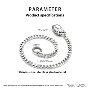 Detail of 400mm stainless steel jeans chain with Buddha head hook and 10mm wide curb links
