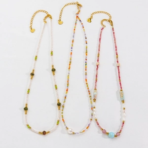 Handmade beaded necklaces with pearls and natural stones in three assorted colors