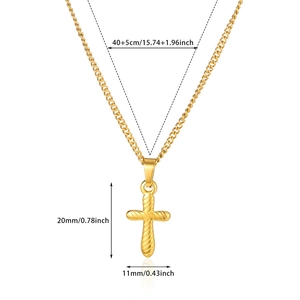 Detail view of 18K gold plated cross pendant necklace with precise size measurements