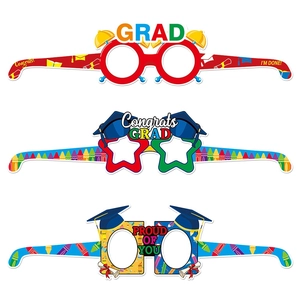 Set of three colorful graduation party paper glasses with graduation cap and clock motifs