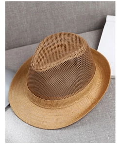 Detailed close-up of a brown straw hat featuring a breathable large mesh crown design
