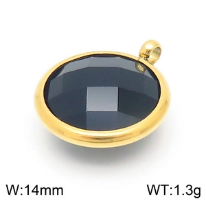 Macro view of 14mm black crystal charm in gold setting with weight and size details