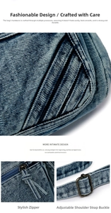 Detail of washed blue denim texture with antique bronze buckles and sturdy metal zipper