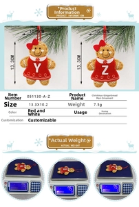 Detailed size chart and weight of a gingerbread man ornament with red bow and letters