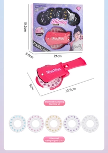 Detailed view of pink hair bedazzler kit with gemstone discs and exact dimensions