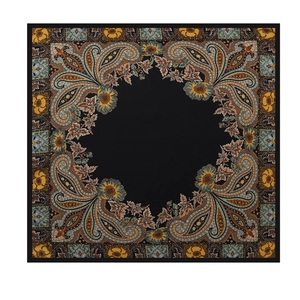 Flat lay view showing symmetrical paisley and floral print on a square satin scarf