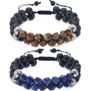 Macro detail of adjustable double-layer beaded bracelets with Tiger Eye and Lava stones