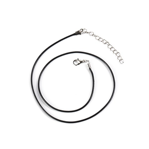 Black wax cord necklace with silver lobster clasp and extension chain on white background