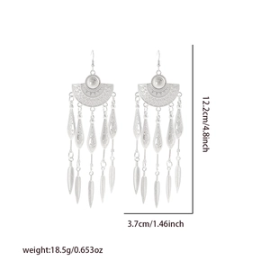 Detailed dimensions of bohemian silver tassel earrings with size measurements in inches