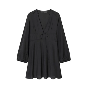 V-Neck Mini Dress Long Lantern Sleeve High Waist Tie Front Solid Color Elegant Retro Polyester Dress For Women
