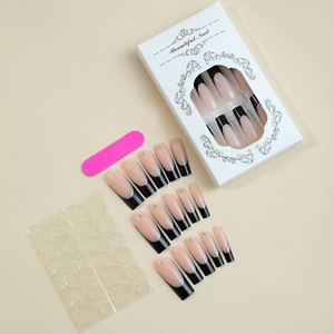 Französische Sargnägel-Set mit Nude-Basis, schwarzen Rändern, Strass und Werkzeug