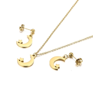 Minimalist gold stainless steel moon and star pendant necklace and stud earrings jewelry set