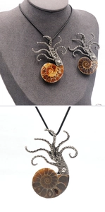 Close-up of octopus necklace with ammonite fossil pendant and matching earrings