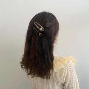 Transparent and tortoiseshell rectangular hair clips styled on long brown hair