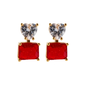 Elegant red rectangular earrings with heart-shaped zircon and gold-plated studs