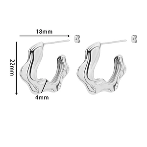 Detail view of silver triple-layered C-shape earrings with precise size dimensions