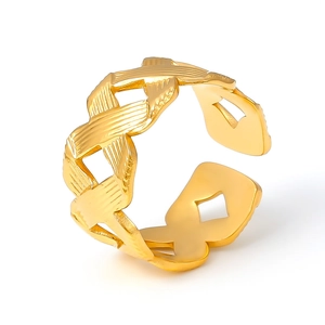 18k gold plated stainless steel wrap ring with woven texture and hollow heart design